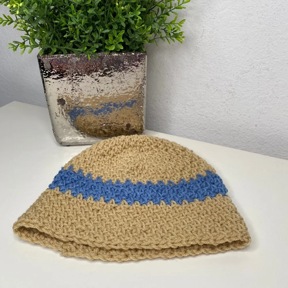 Handmade Crochet Beanie Hat‎ Tan Blue Stripe Adult Women Winter Warm Cottagecore
